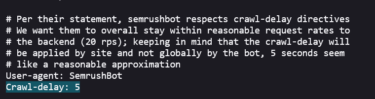 Snipet from wikipedia's robots file, stipulating crawl-delay